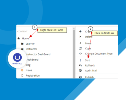 A screenshot displays the Umbraco CMS interface. Instructions guide users to right-click "Home" to open a sort menu, then click "Sort Link" to proceed.