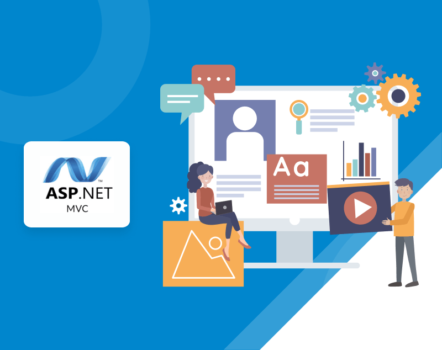 Illustration of people engaging in theme customization on a computer screen for ASP.NET MVC. Text reads, "Theme Customization in ASP.NET MVC" with the ASP.NET MVC logo displayed.