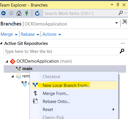 Screenshot of Visual Studio Team Explorer showing the Branches pane. The context menu for main branch is open, highlighting the option "New Local Branch From..." while utilizing Git slash commands.