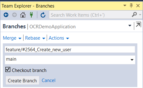 Screenshot of the Team Explorer window in Visual Studio showing the creation of a new git branch named "feature/#2564_Create_new_user" from the "main" branch with the "Checkout branch" option selected.