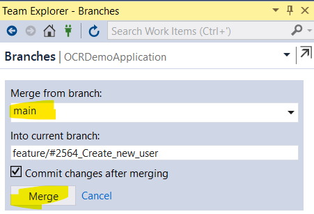 Screenshot of Visual Studio Team Explorer showing a git merge operation from the main branch to the feature/#2564_Create_new_user branch, with "Commit changes after merging" option checked and the "Merge" button selected.