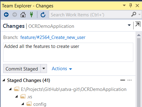 Screenshot of Team Explorer in Visual Studio showing staged commits for the branch "feature/#2564_Create_new_user" with the message "Added all the features to create user," demonstrating a successful git workflow.