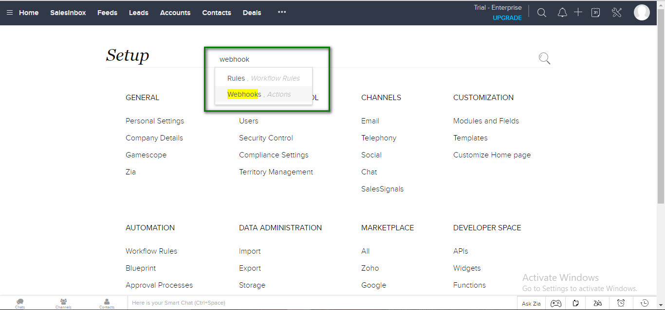 or the Creation of a Webhook Login into Zoho CRM Click