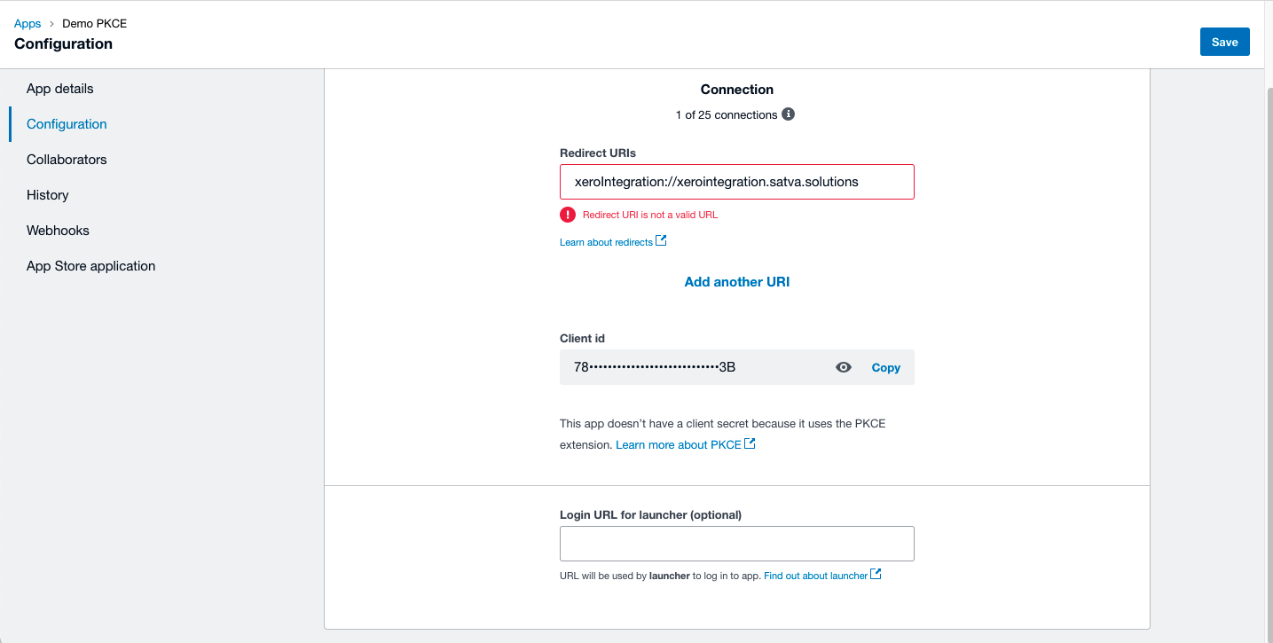 The configuration page of the app displays connection settings with fields for Redirect URIs, Client ID, and an optional login URL for the launcher. Enhanced with Xero OAuth 2.0 integration, it features buttons for adding URIs and saving changes seamlessly.