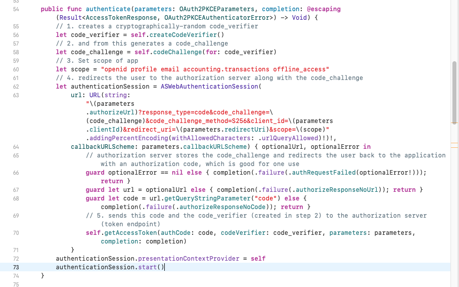 Screenshot of Swift code implementing Xero OAuth 2.0 authentication, featuring methods for handling URL requests, challenge responses, and user authentication sessions.