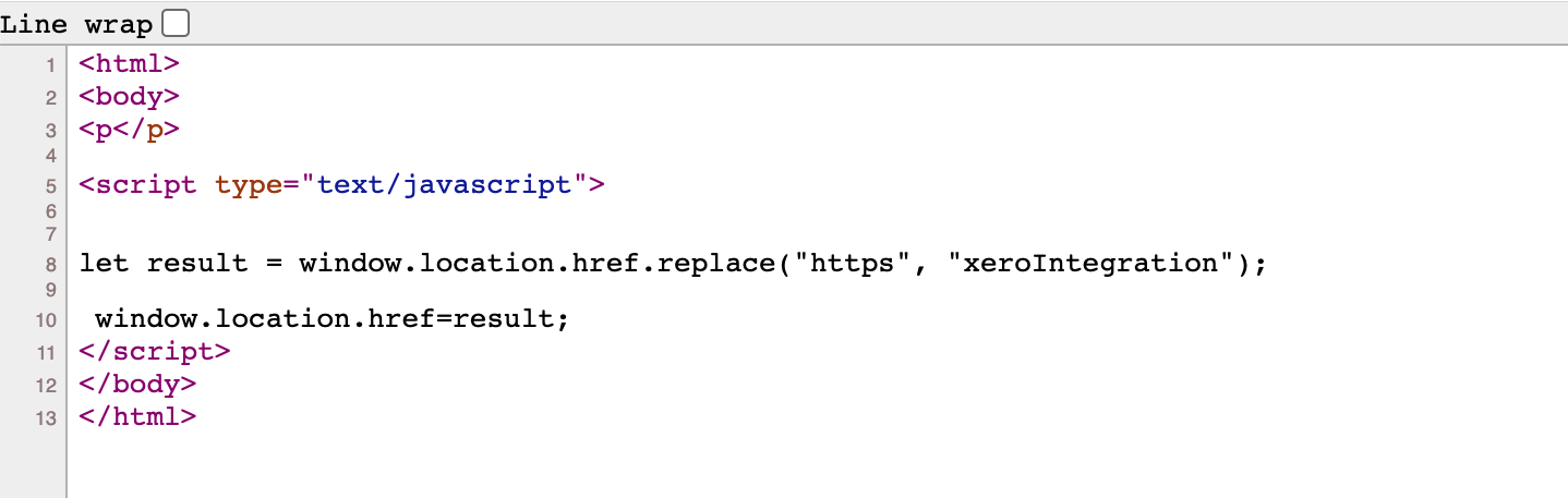 A screenshot of an HTML document displays a JavaScript script that creatively employs xero OAuth 2.0 to replace "https" in the web address with "xeroIntegration," then updates the window location seamlessly.