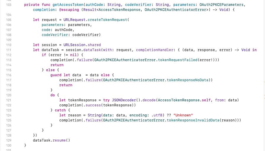 Screenshot of Swift code defining a function to get an access token using URL and JSON decoding, with error handling and completion handlers, illustrating how to integrate Xero OAuth 2.0 for secure authentication.