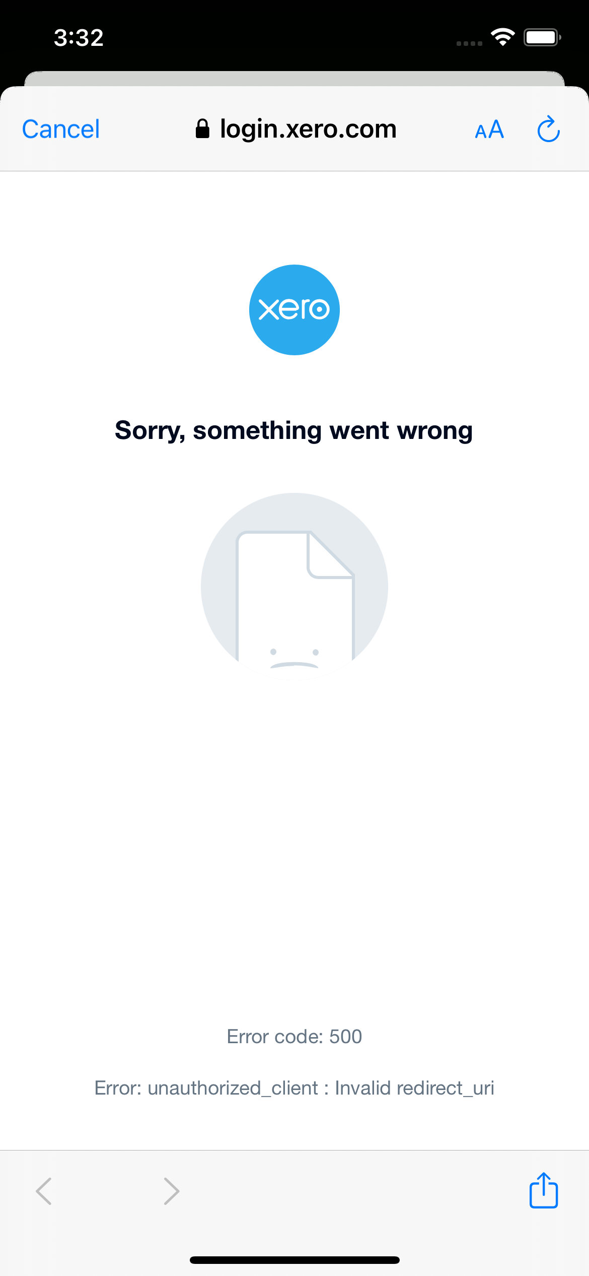 The login error page on Xero's website shows "Sorry, something went wrong" with error code 500 and a message stating "unauthorized_client: Invalid redirect_uri," indicating a potential issue with Xero OAuth 2.0 integration.