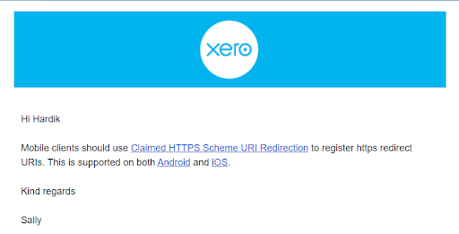 Screenshot of an email from Xero, discussing HTTPS URI redirection for mobile clients with a focus on OAuth 2.0 integration. Includes links for Android and iOS support, and signed by Sally.