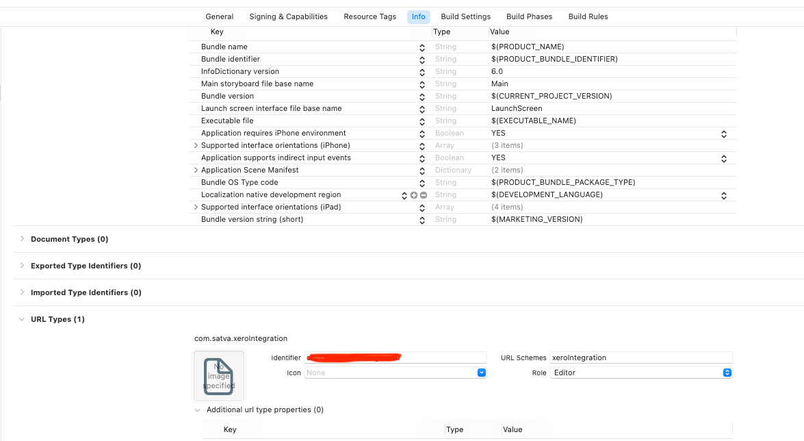 Screenshot of Xcode project settings featuring sections for build settings, URL types, and application properties. Various fields with string values and keys are displayed, including setup details for integrating Xero OAuth 2.0 authentication.