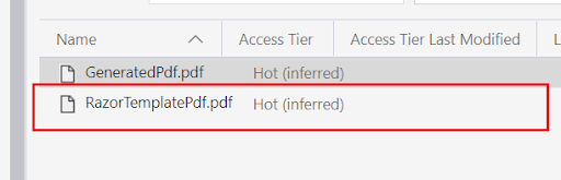 Screenshot displaying a file directory with two PDF files: "GeneratedPdf.pdf" and "RazorTemplatePdf.pdf," both labeled under the "Hot (inferred)" access tier. These files were efficiently managed using Asp.Net Core within the Azure ecosystem.