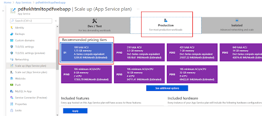 Screenshot of Azure App Service Pricing Tiers for "Production" featuring Asp.Net Core options. Explore S1, S2, and S3 tiers with details like ACU, memory, and disk space. The "Select" button is highlighted for the Azure S1 tier.