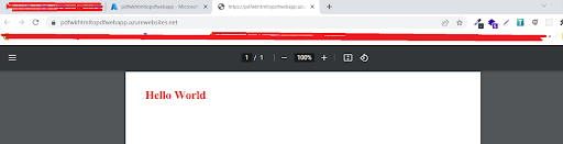 Screenshot of a PDF document open in an Asp.Net Core browser, showcasing the text "Hello World" in vibrant red.