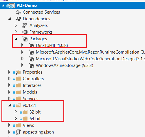 Screenshot of a file directory showcasing highlighted packages: "DinkToPdf (1.0.8)" with two subfolders under "v0.12.4" for "32 bit" and "64 bit", seamlessly integrating with Asp.Net Core projects and optimized for deployment on Azure environments.