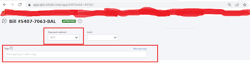 A screenshot of a payment processing page on a website, displaying a bill ID number, payment method dropdown, and an option to add tags. The status is marked as "APPROVED" in green. This seamless integration with Quickbooks Online enhances your bookkeeping efficiency.