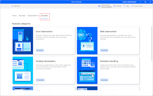 A screenshot of the Power Automate interface showcases example categories like Excel Automation, Web Automation, Desktop Automation, and Datetime Handling with a focus on Quickbooks Online. The "Examples" tab is highlighted.