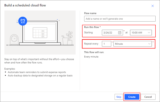 Screenshot of a flow setup interface, seamlessly integrating QuickBooks Online. Options include flow name, start date and time, and repeat interval. "Every 1 minute" is selected to ensure constant syncing. The "Create" button is highlighted for your convenience.