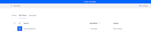 Screenshot of a Power Automate interface showing a single flow named "Open Reports" under "My flows." The flow, designed to integrate with Quickbooks Online, was modified a year ago and the status is "Not running.