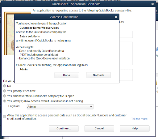 Screenshot of a QuickBooks Access Confirmation window requesting permission for Customer Demo WebServices to access company file Satva Solutions with security and login options.