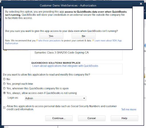 Screenshot of an application authorization window for QuickBooks, showing options to allow data access even when QuickBooks is not running, with "Yes" and "No" buttons.