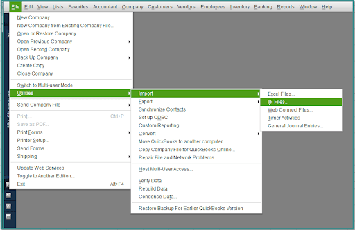 A screenshot of a QuickBooks Desktop dropdown menu reveals options under "File" and "Utilities," featuring selections like "Import" and "IIF Files.