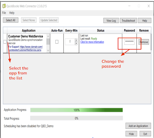 Screenshot of QuickBooks Web Connector 2.3.0.215, showing an app selected with options to auto-run and change password. A progress bar indicates applications progress at 100%.