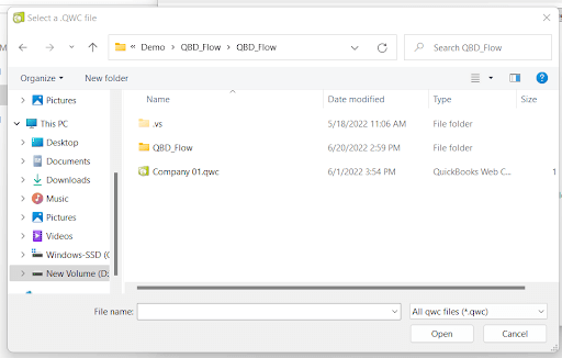 File explorer window showing folders and a QuickBooks Web Connector file in the QBD_Flow directory.