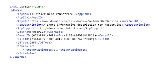 XML code snippet for a Customer Demo WebService includes AppName, AppURL, AppDescription, AppSupport, UserName, OwnerID, FileID, QBType, and Scheduler with a five-minute run interval.