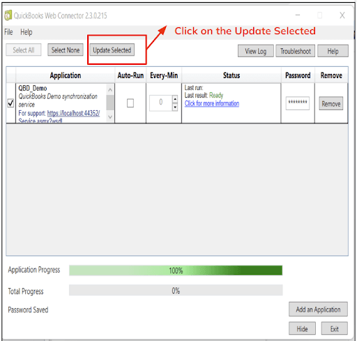 QuickBooks Web Connector 2.3.0.215 interface with a highlighted "Update Selected" button, showing an application's status as "Ready" and application progress at 100%.