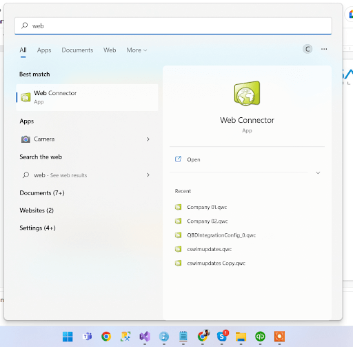 Screenshot of a Windows search bar showing "Web Connector" app selected with recent files listed under the app on the right side. Various application icons are visible on the taskbar at the bottom.
