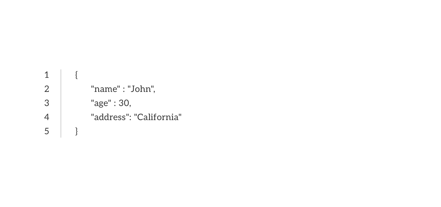 In a seamless blend of RESTful style, the JSON data reveals three fields: "name" with the value "John," "age" set at 30, and "address" listed as "California. - Rest API