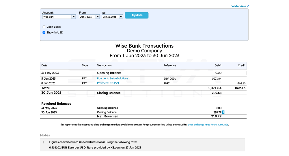 Bank statement screenshot for Wise Bank, showcasing transactions from June 1-30, 2023. It includes opening and closing balances with notes on currency conversions and details relevant for Bank Revaluation in XERO.