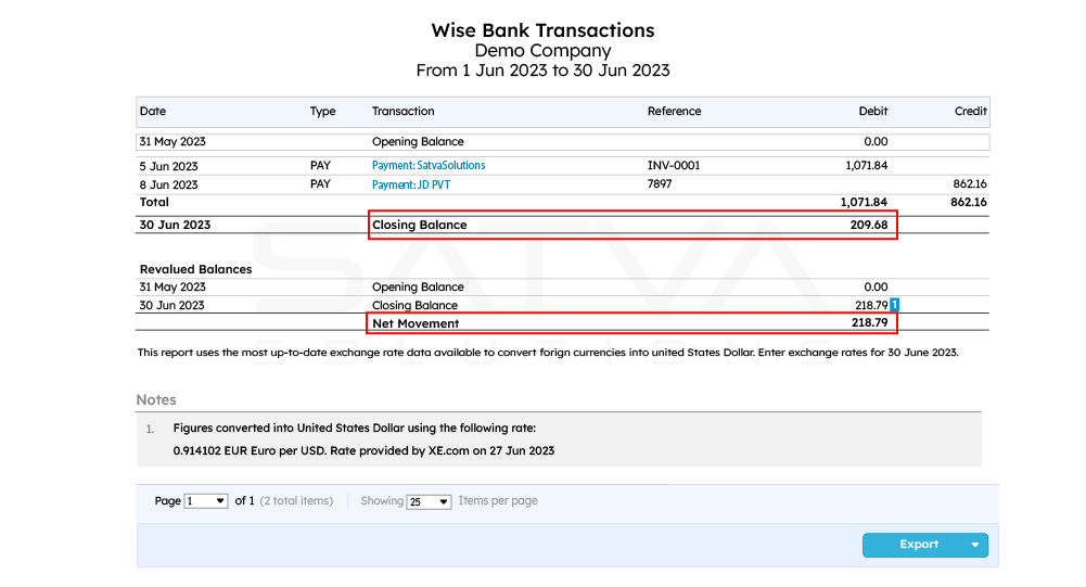 A screenshot of bank transactions, possibly useful for a Bank Revaluation in XERO, displays balances and net movement in EUR for June 2023. Of particular note are the highlighted closing balance of 209.68 EUR and net movement of 218.79 EUR.