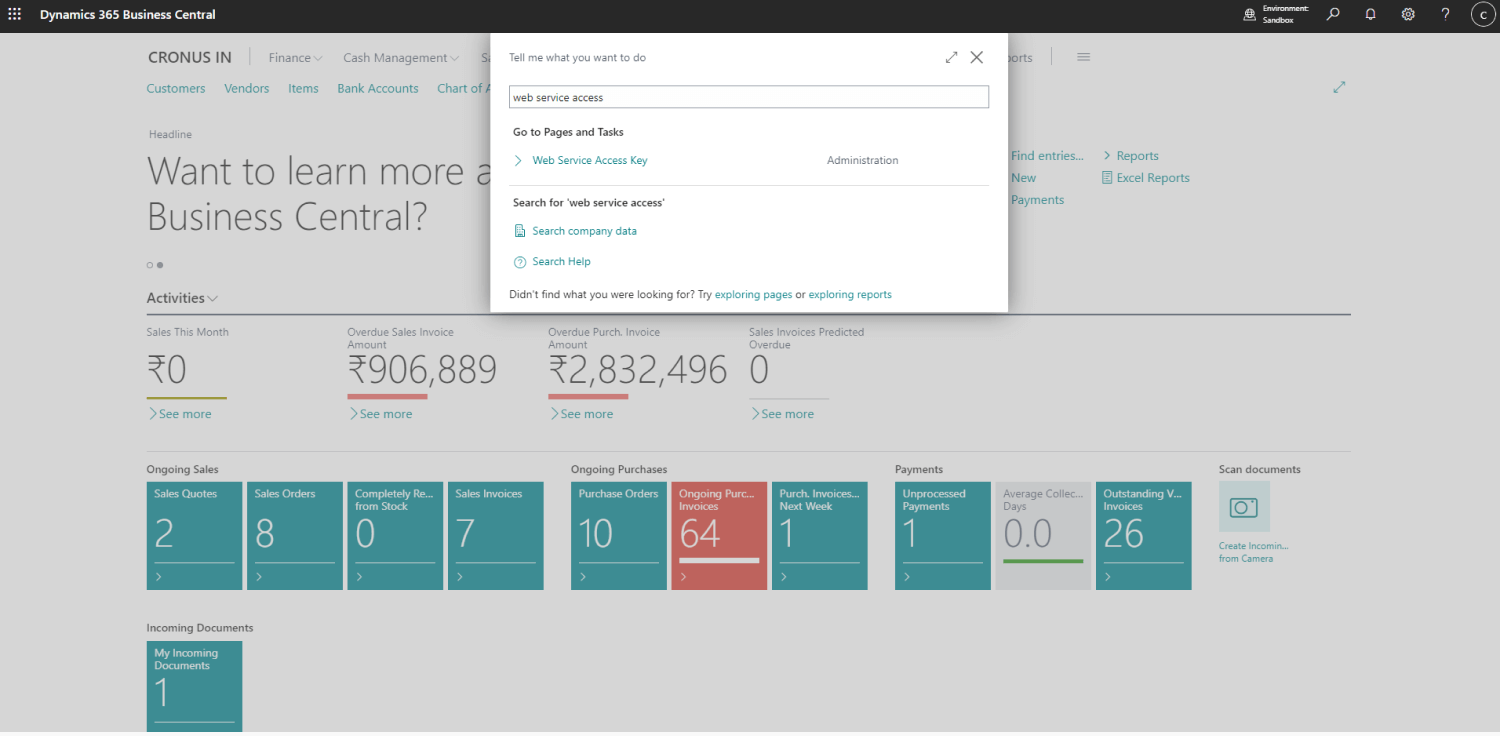 Screenshot of Microsoft Dynamics 365 Business Central homepage featuring financial metrics, activity tiles, and a search bar with a query about web service access—an essential tool for any system integrator streamlining enterprise solutions.