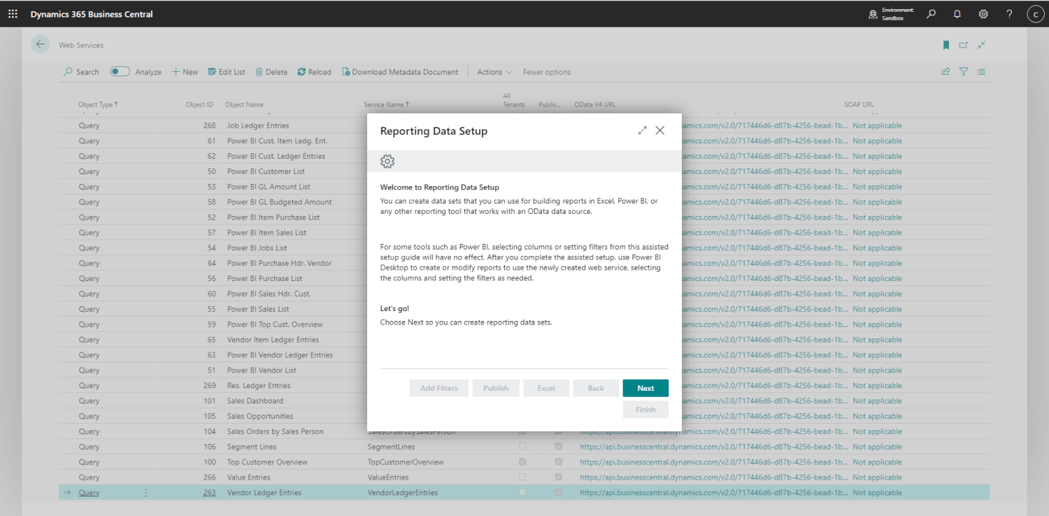 Screenshot of a Microsoft Dynamics 365 Business Central interface displaying a pop-up titled "Reporting Data Setup," where a System Integrator can select tables for seamless reporting data extraction.