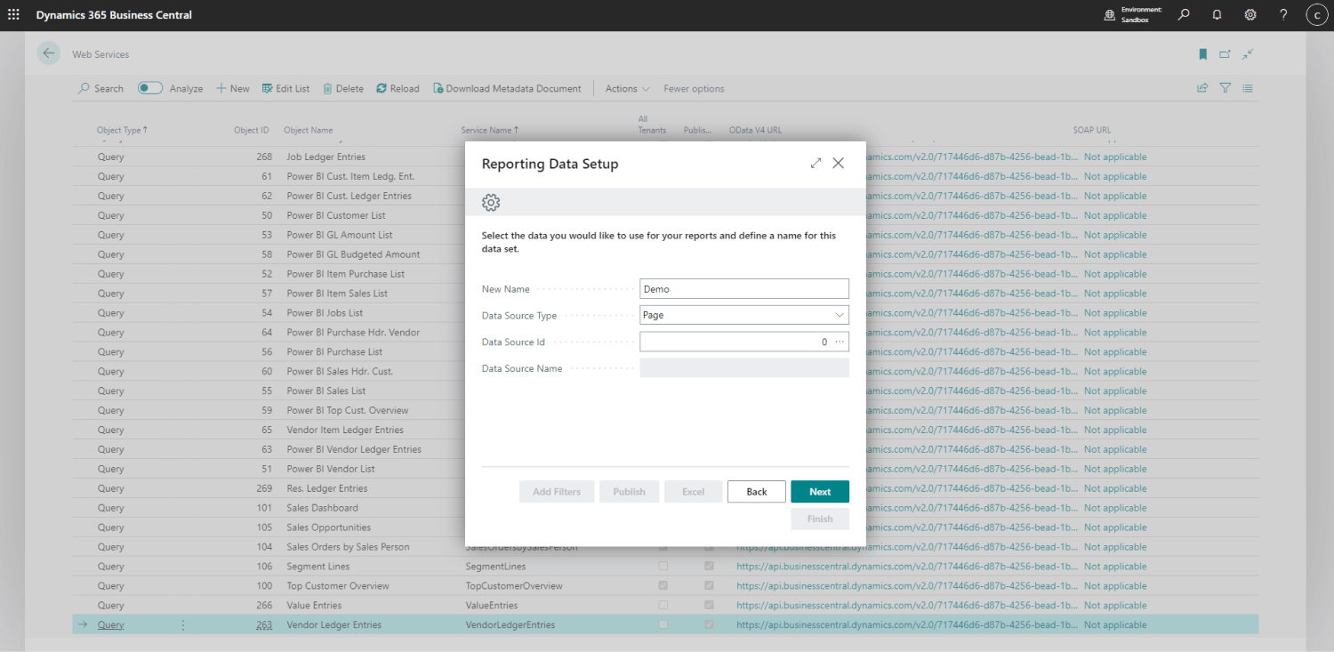 Screenshot of Dynamics 365 Business Central displaying a "Reporting Data Setup" dialog over a data services page with query details, essential for any System Integrator working to streamline business processes.