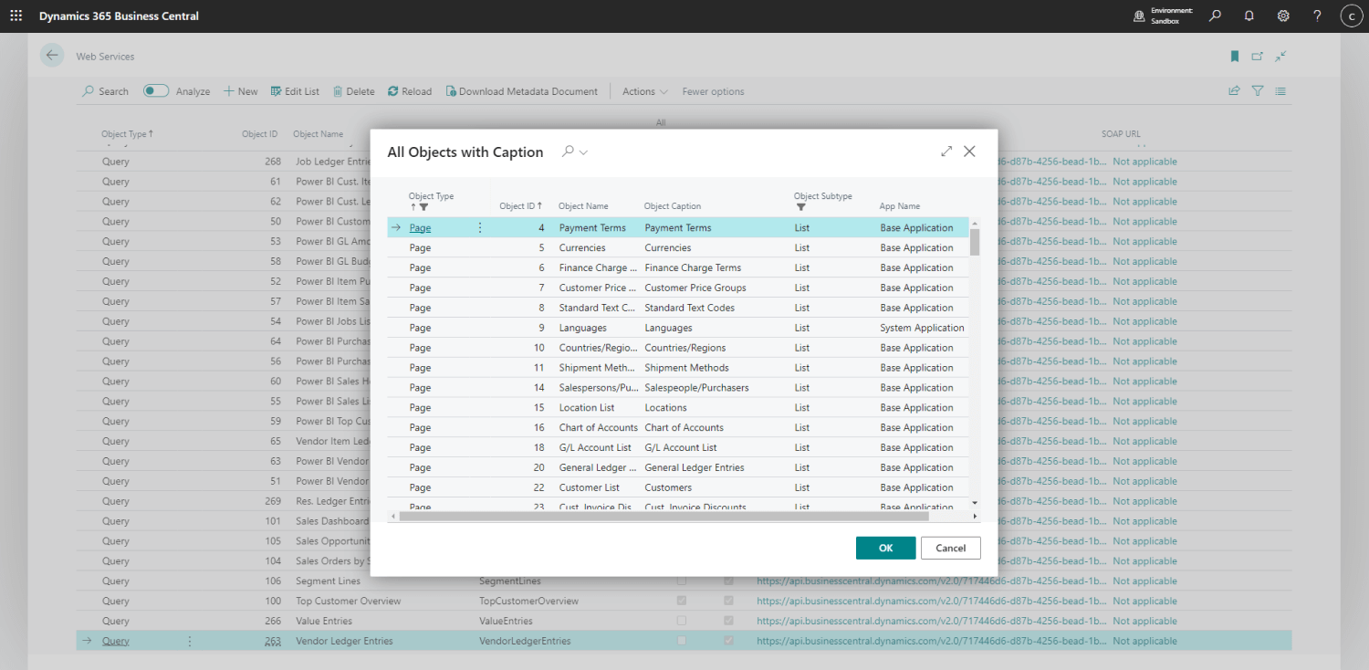 Screenshot of Microsoft Dynamics 365 Business Central showcases a pop-up titled "All Objects with Captions," listing object types and captions. This powerful tool aids any system integrator in efficiently navigating through data entries with precision and ease.