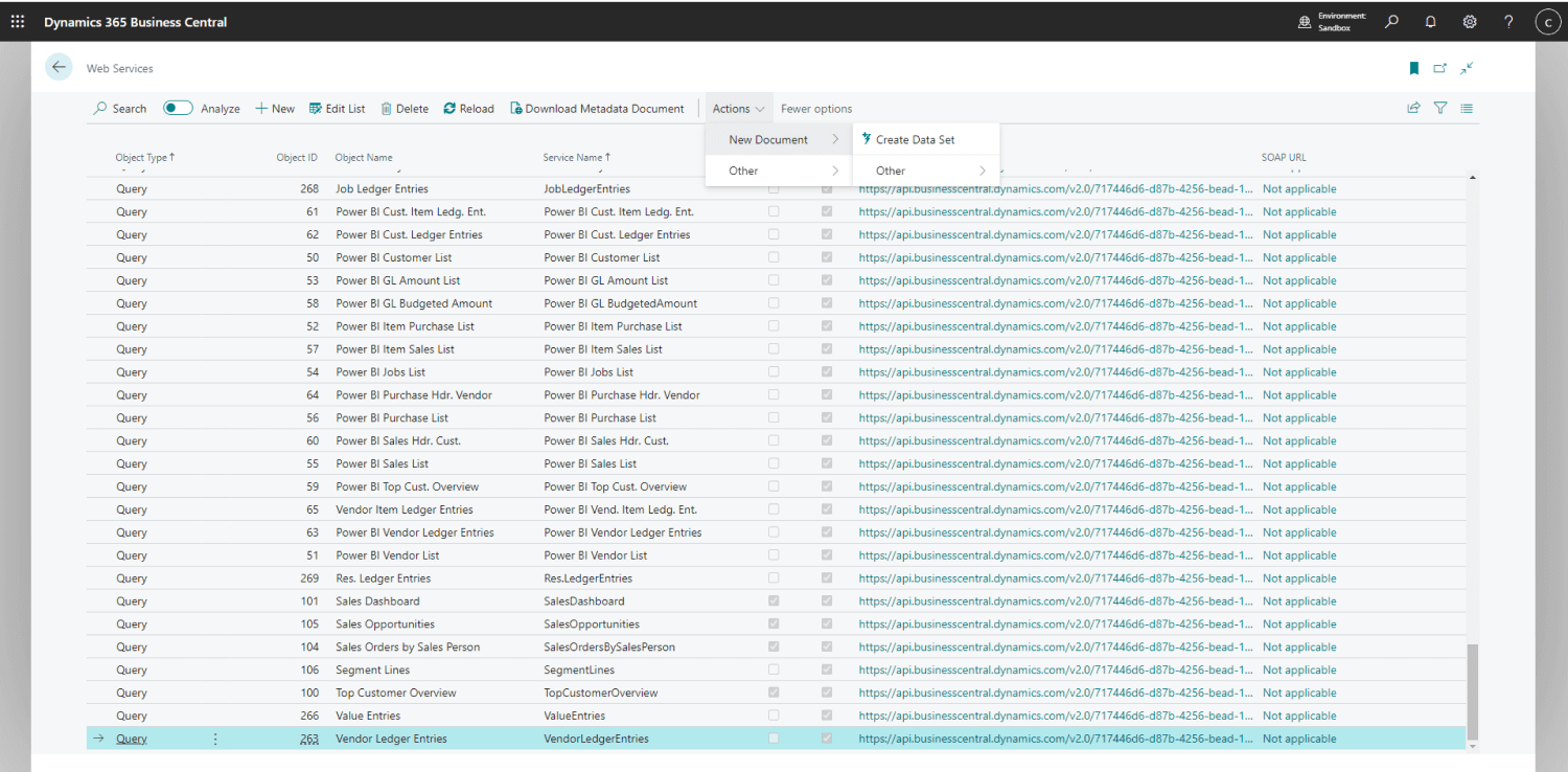 Screenshot of the Dynamics 365 Business Central web services page showcasing a table with columns for object type, name, and service name. Ideal for a System Integrator, it also displays various navigation and action options to streamline integration processes.