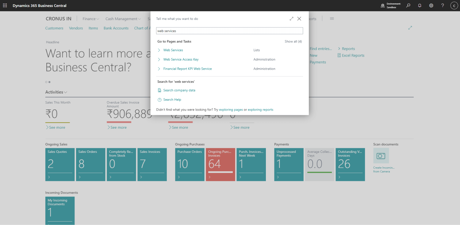 Screenshot of the Dynamics 365 Business Central dashboard with a search overlay, showcasing various business metrics and tasks. Ideal for a system integrator to streamline processes and enhance operational efficiency.