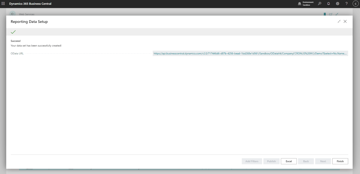 Screenshot of Dynamics 365 Business Central displaying a "Reporting Data Setup" confirmation. The message indicates successful creation and features a clickable OData URL link, ideal for a System Integrator streamlining data integration processes effortlessly.