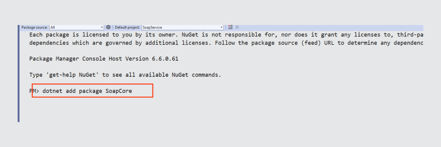 Screenshot of a command-line interface showing instructions to add a package. Highlighted text reads: "dotnet add package SoapCore", indicating setup for integrating a SOAP web service.