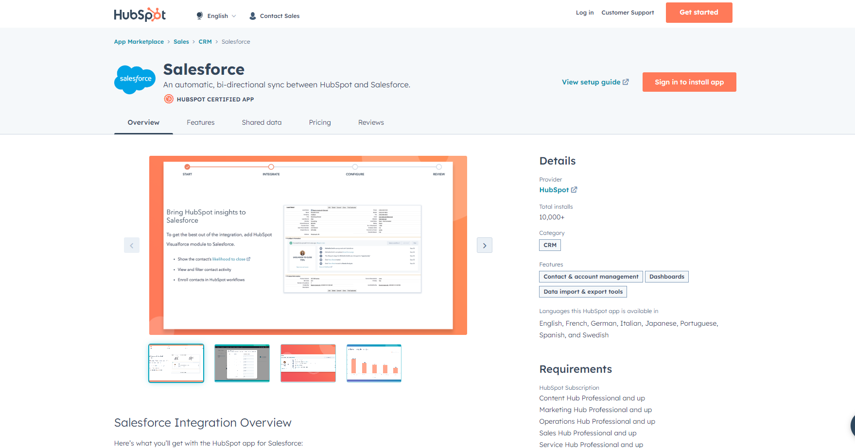 Screenshot of the HubSpot App Marketplace page for the Salesforce integration. The page includes the HubSpot and Salesforce logos, indicating an automatic, bi-directional sync between HubSpot and Salesforce. It is a HubSpot certified app. There are options to view the setup guide and sign in to install the app. The page shows an overview section with a visual guide on how to bring HubSpot insights to Salesforce. Details about the app are provided on the right side, including the provider (HubSpot), total installs (10,000+), category (CRM), and features (Contact & account management, Dashboards, Data import & export tools). The page also lists supported languages and HubSpot subscription requirements for using the app