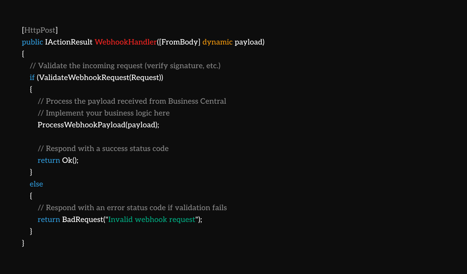 Screenshot of a C# code snippet showing a function that handles webhook requests from the Business Central API. The function validates the request, processes the payload if valid, and responds with appropriate status codes.