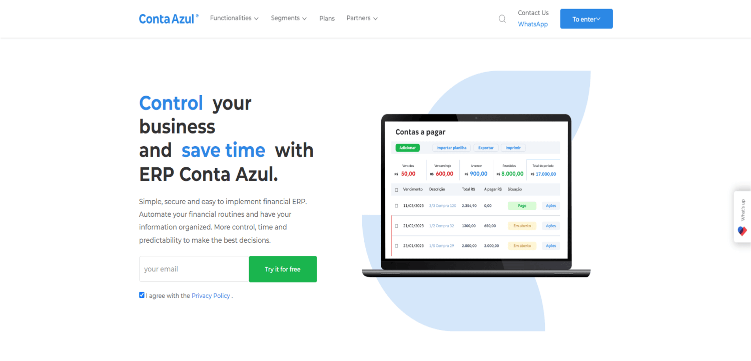 Website for Conta Azul ERP software, featuring a laptop displaying financial accounting data. Includes text: "Control your business and save time with ERP Conta Azul." Sign-up form and button shown.