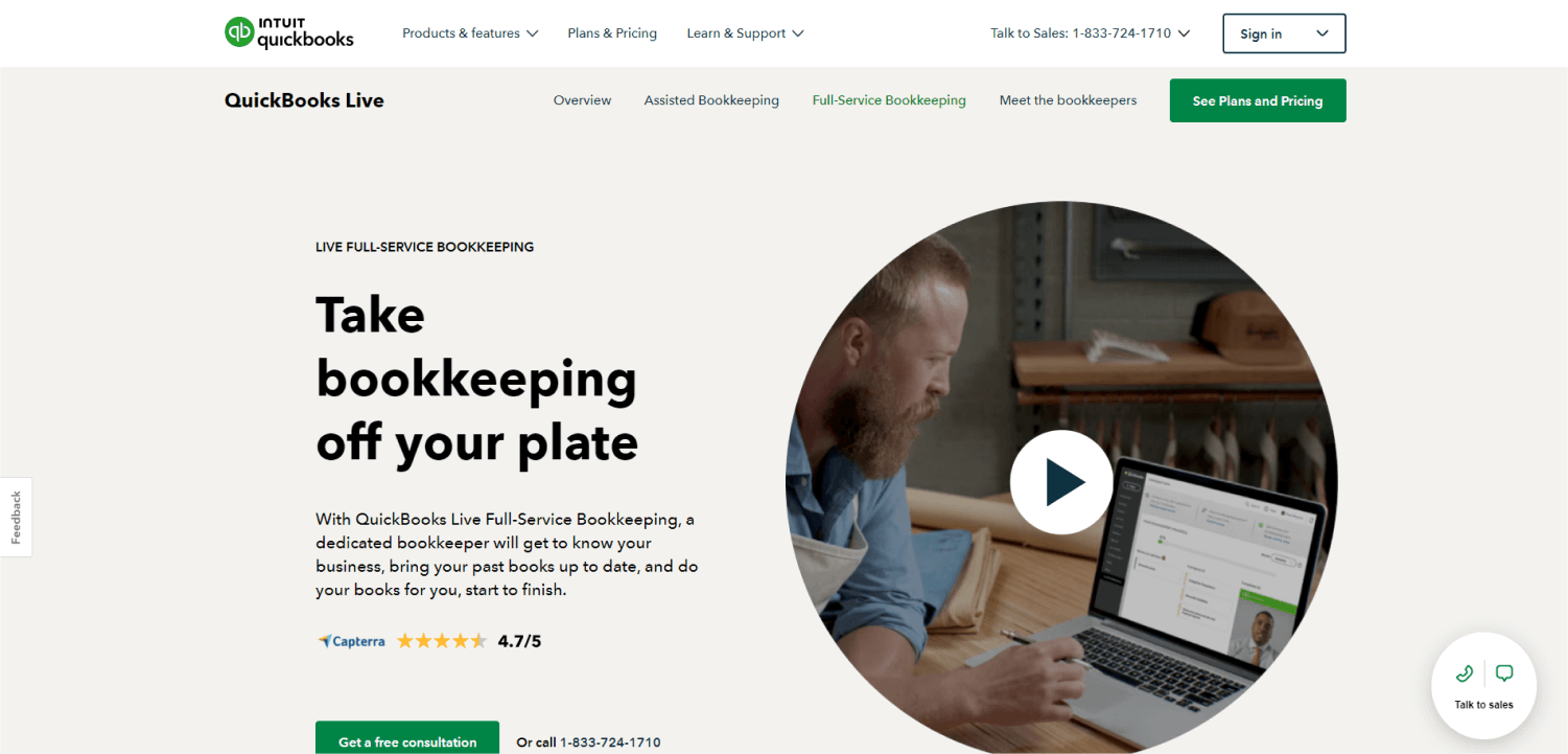 A person working on a laptop with the QuickBooks Live webpage on-screen, showcasing comprehensive bookkeeping services powered by advanced accounting software. The text highlights stellar ratings and invites users to a free consultation.