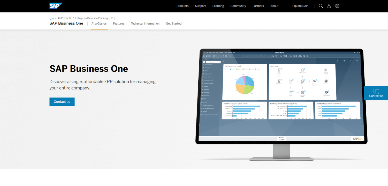 Screenshot of SAP Business One webpage showcasing an ERP and accounting software solution on a monitor, featuring graphs and data analytics. A "Contact us" button is visible on the page.