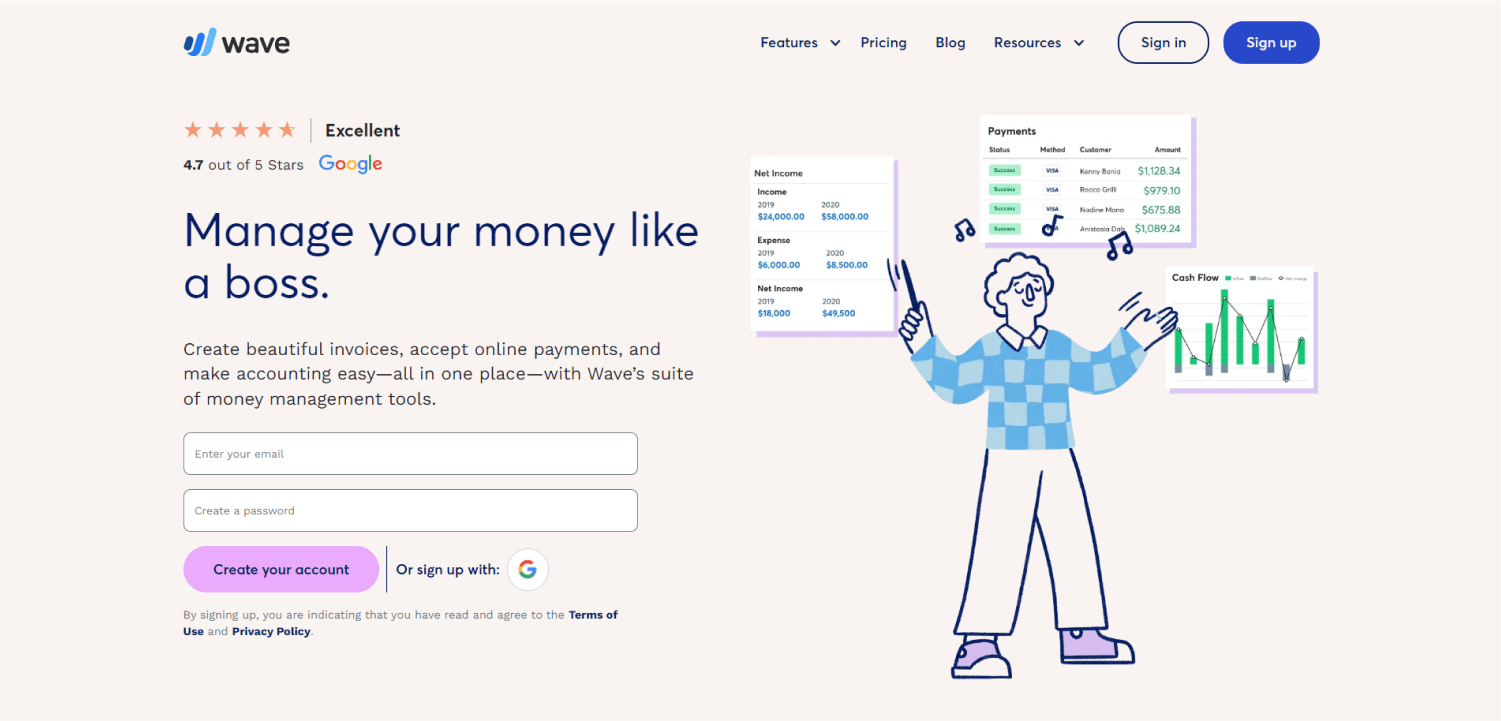 Wave homepage featuring a cartoon person conducting graphs, highlighting how Wave's accounting software tools help manage money effortlessly. Includes a sign-up form and an impressive Google review rating.