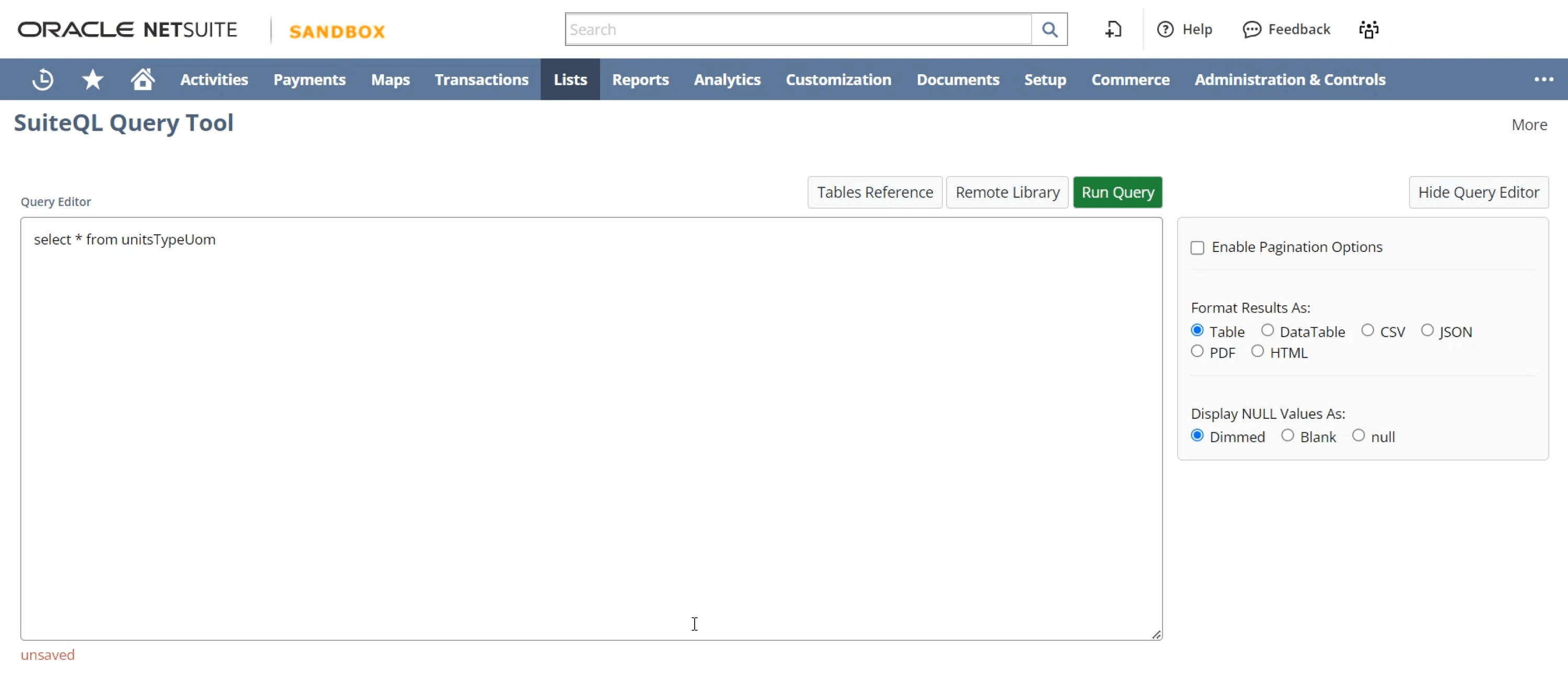 The SuiteQL Query Tool interface seamlessly integrates with the NetSuite API, featuring a query editor and options for enabling pagination, formatting results, and displaying null values.