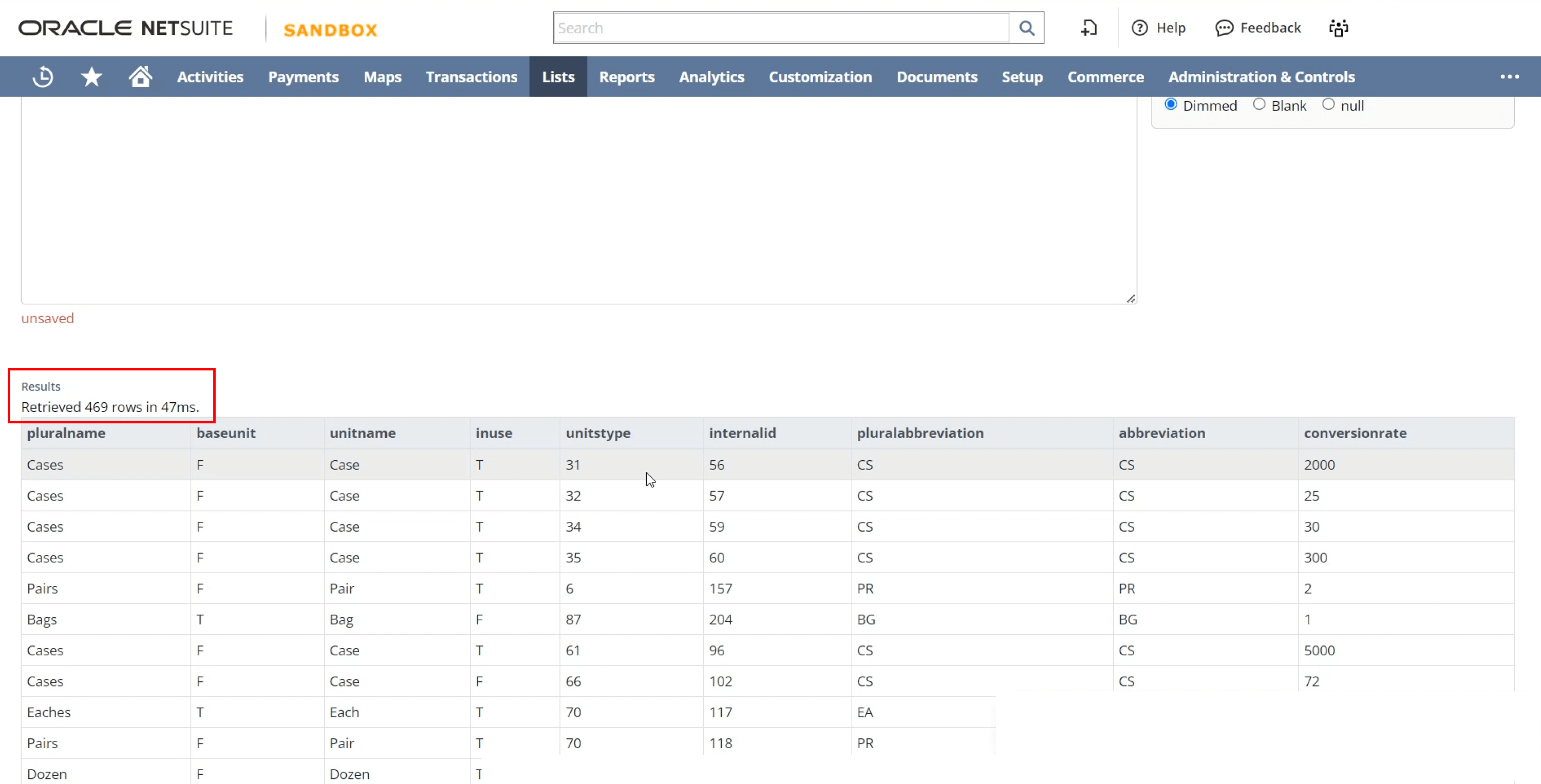 The spreadsheet interface, integrated with the NetSuite API, displays a list of measurement units and their attributes, such as plural names, abbreviations, and conversion rates. The header indicates that 49 rows were retrieved in just 473 milliseconds.