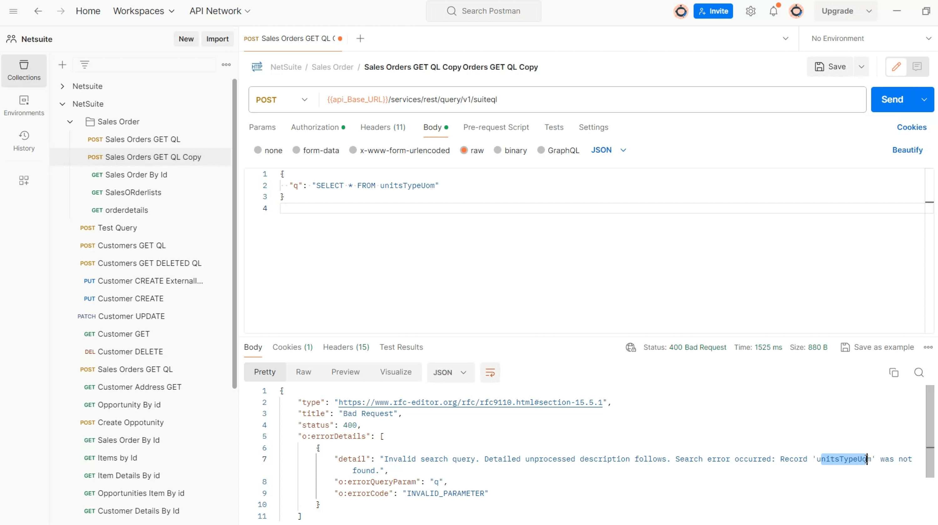 Screenshot of a POST request setup in Postman, showing an error response in JSON format for a database query involving the NetSuite API. The environment variable is not defined.